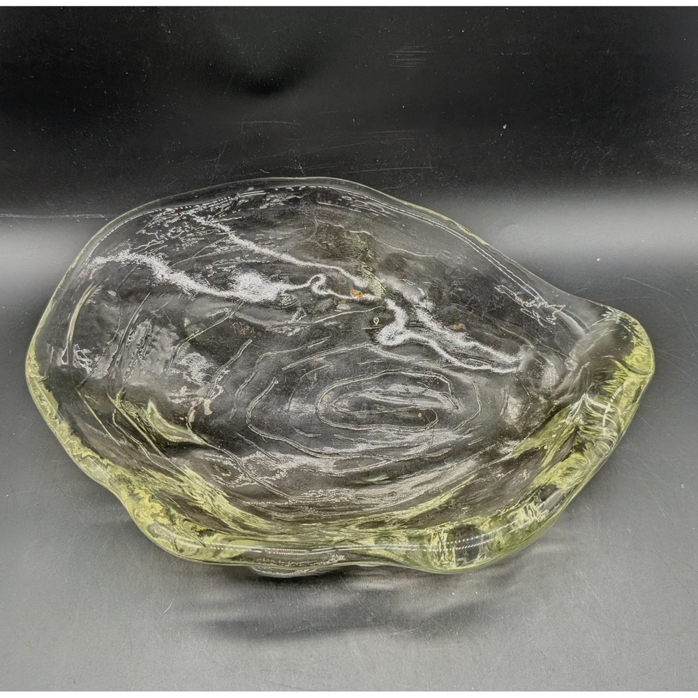 Vintage Heavy Organic Freeform Art Glass Oyster Shell Textured Catchall Dish 11"
